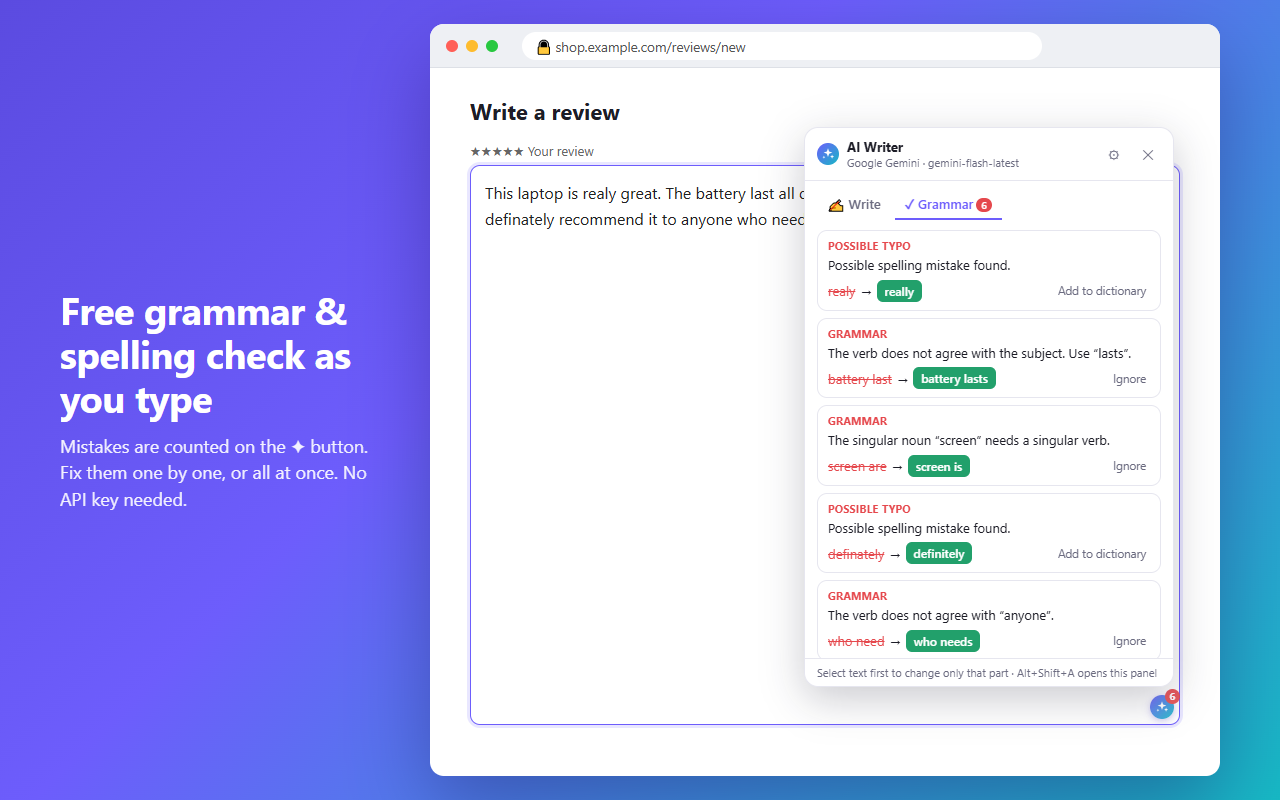 Grammar tab listing spelling and grammar issues