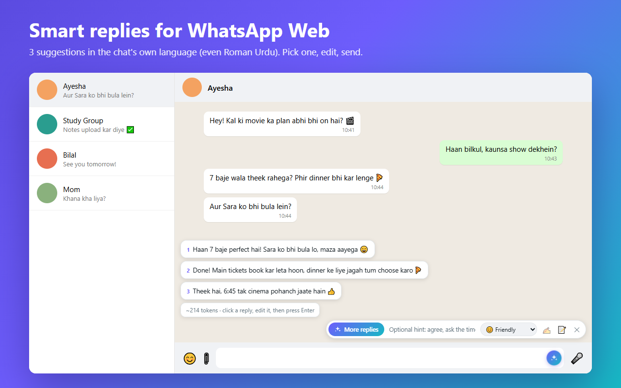 Three reply suggestions above a chat message box
