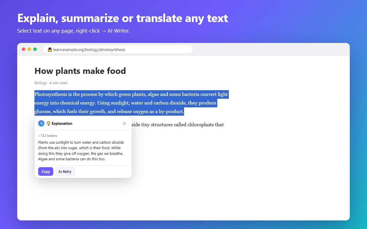 Explanation card for selected text on a web page